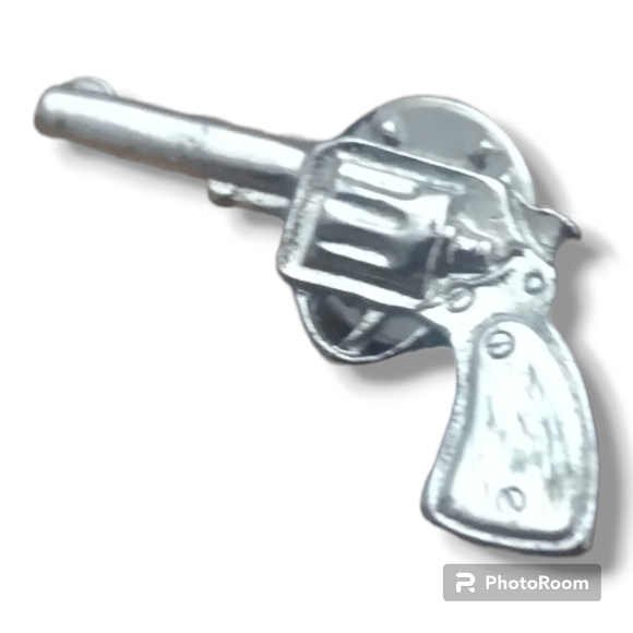 Vintage Silver Revolver Pistol Hat Lapel Pin Button - Picture 2 of 9